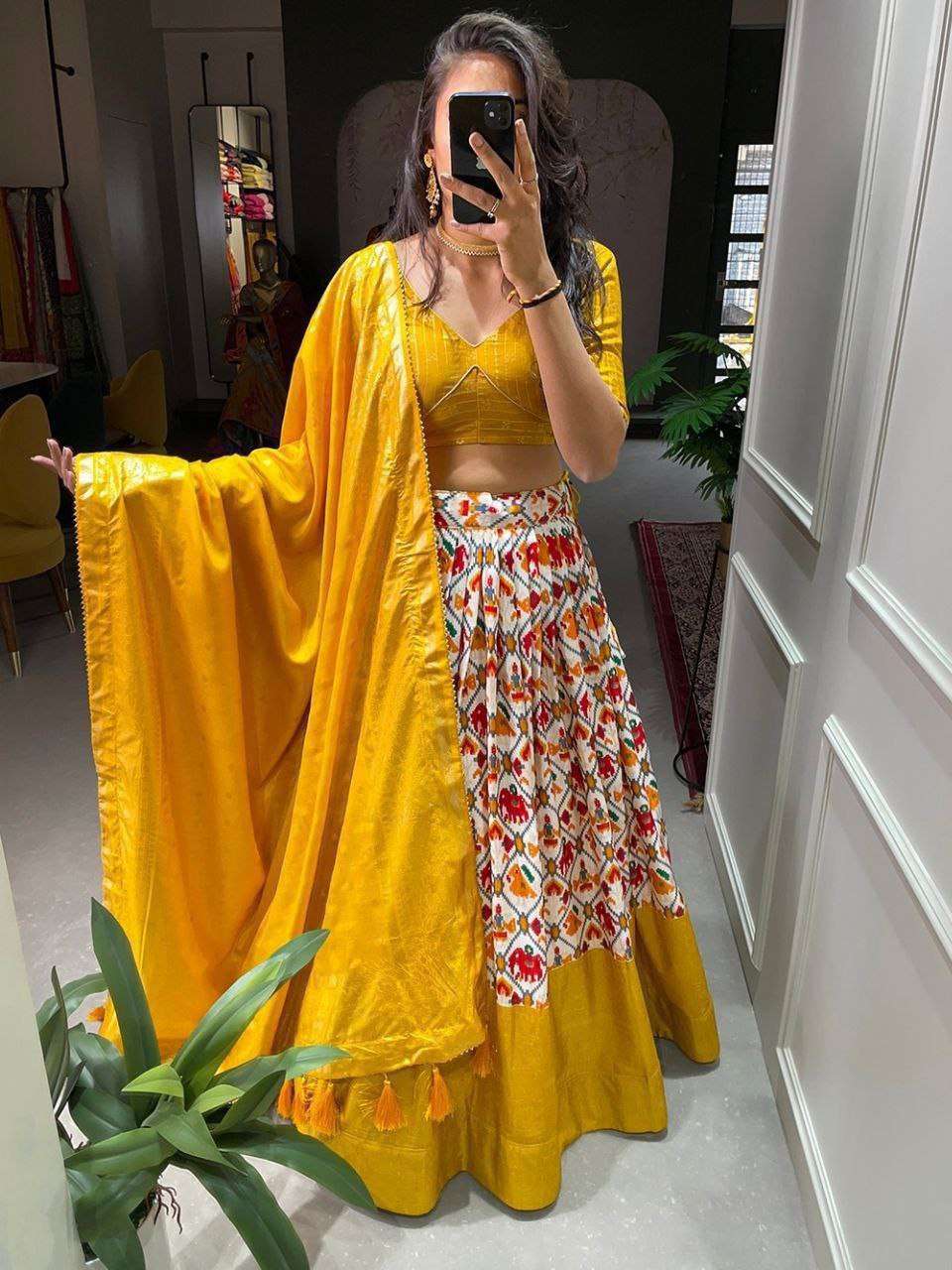 Women's Tussar Silk Patola Print Lehenga Choli Dupatta Set - Image 4
