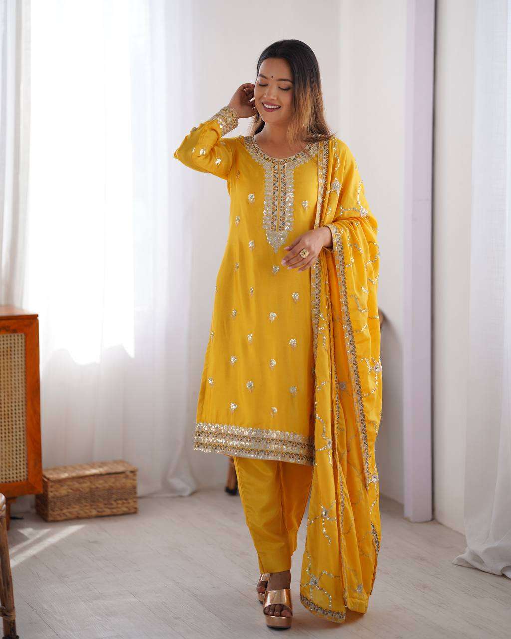Women's Chinon Silk Embroidered Straight Kurti with Pant And Dupatta Set