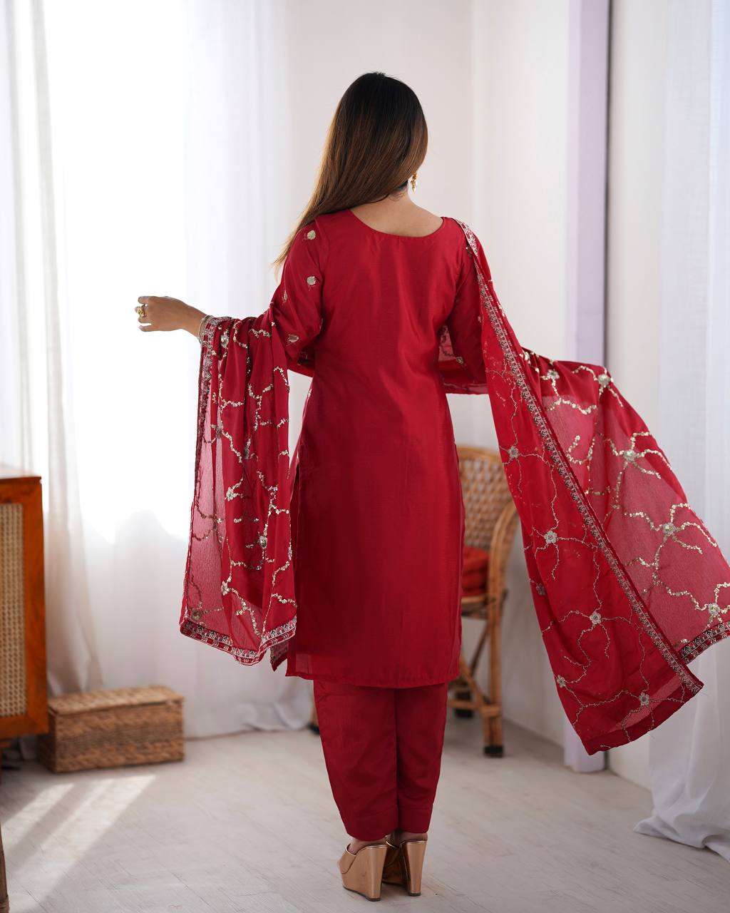 Women's Chinon Silk Embroidered Straight Kurti with Pant And Dupatta Set - Image 7